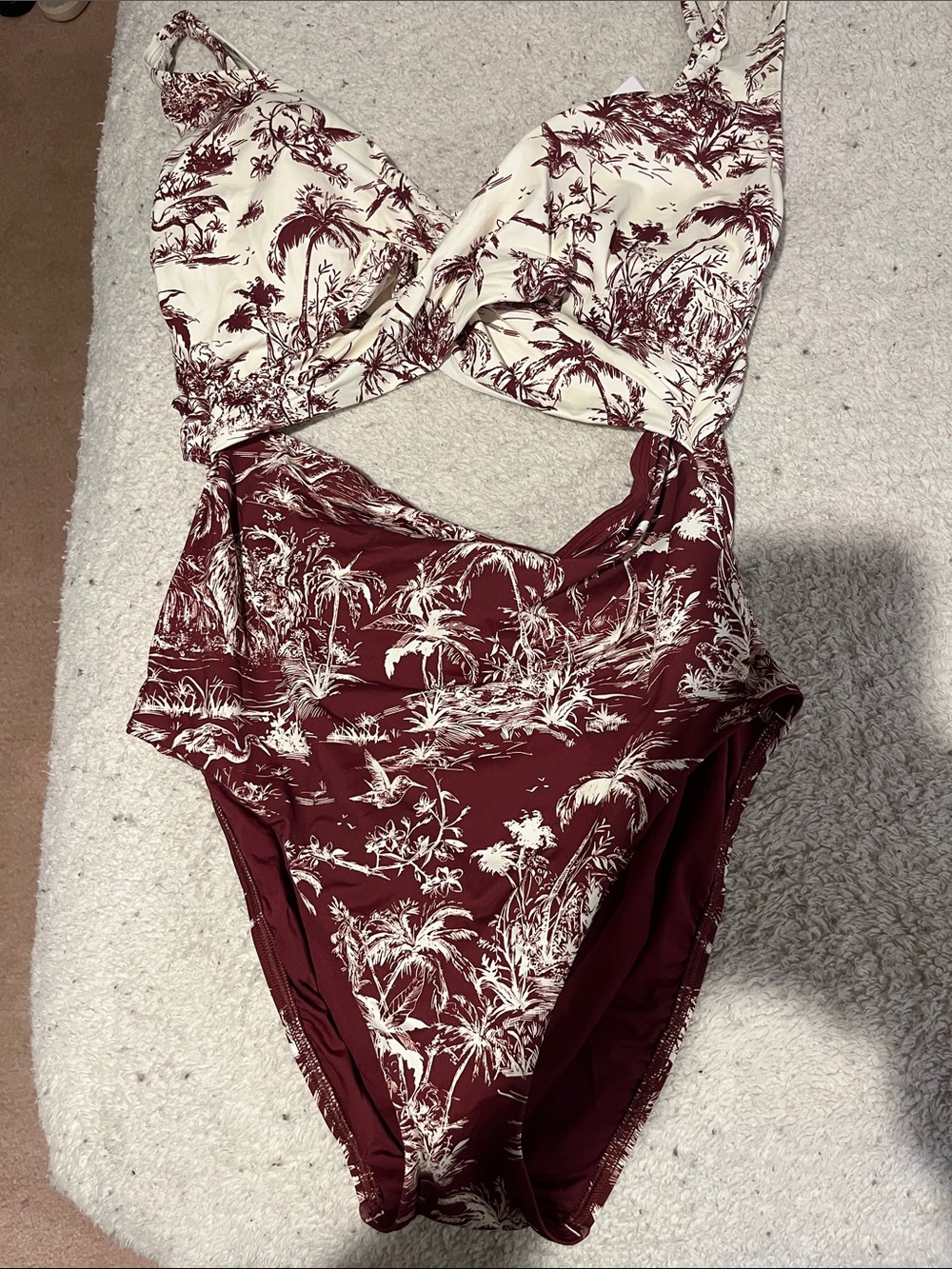 Lands' End Maroon and Cream Tropical Print One-Piece Swimsuit